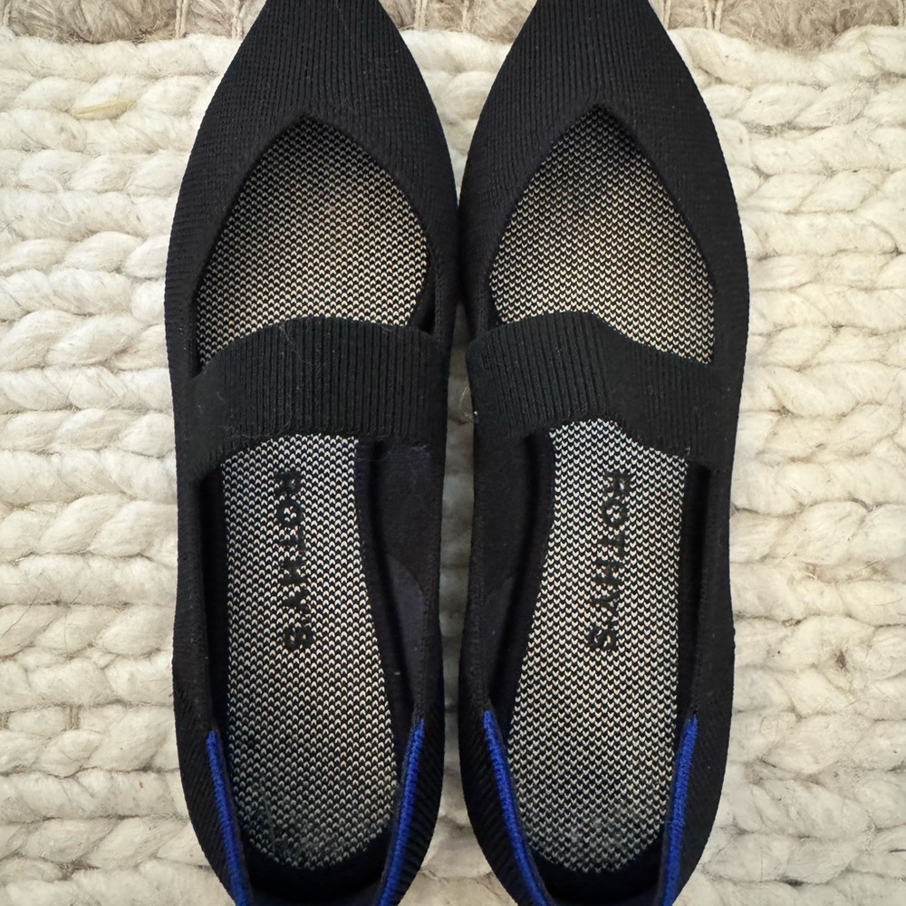 Rothy's Black Knit Pointed Mary Jane Flats with Blue Trim
